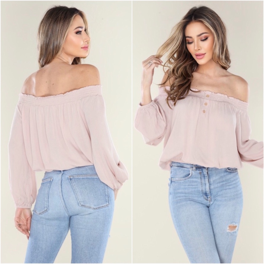Dusty Light Mauve Lightweight Spring Summer Women’s Off Shoulder Long Sleeve Top - Picture 2 of 3